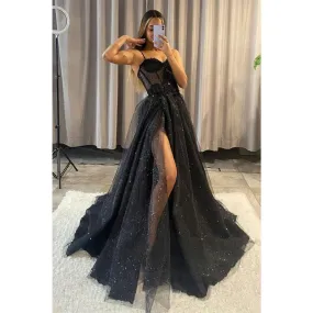 A-line Sweetheart Lace Appliques Sparkly Prom Dress with Slit