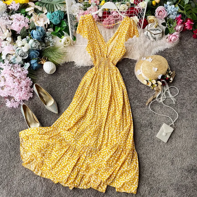Fairy Floral Dress Open Back Pleated Long Skirt 894