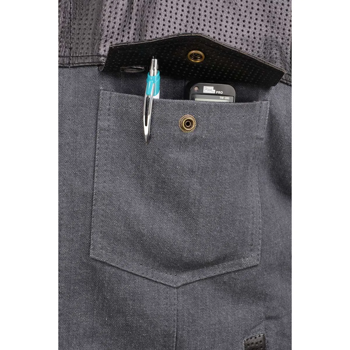 GREY MDM3005 Men's Brute Grey Denim w/ Black Perforated Leather Club Style Vest w/ Hidden Dual Closure