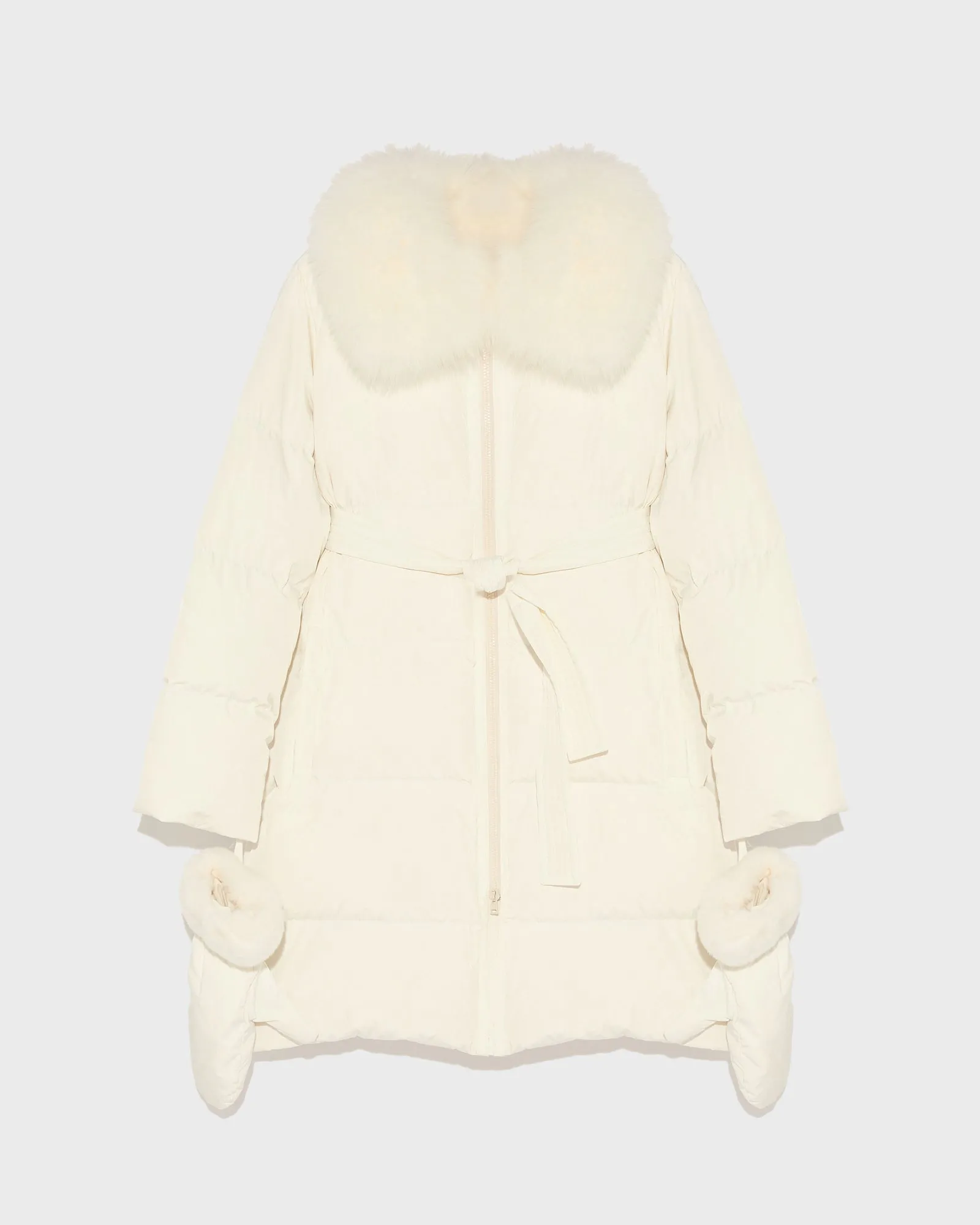 Long belted down jacket in technical fabric with fur collar