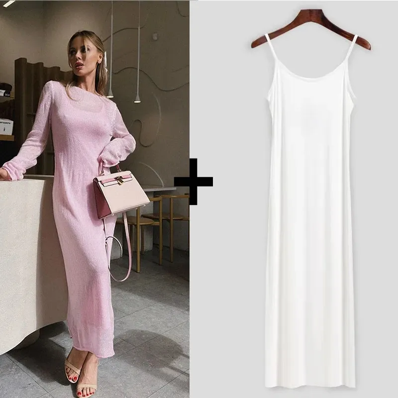 LVSANW Hirsionsan Spring Autumn O-Neck Elastic Knit Long Dresses Women 2024 Elegant Chic Soft Lady Hollowing Sweater Dresses Femme New
