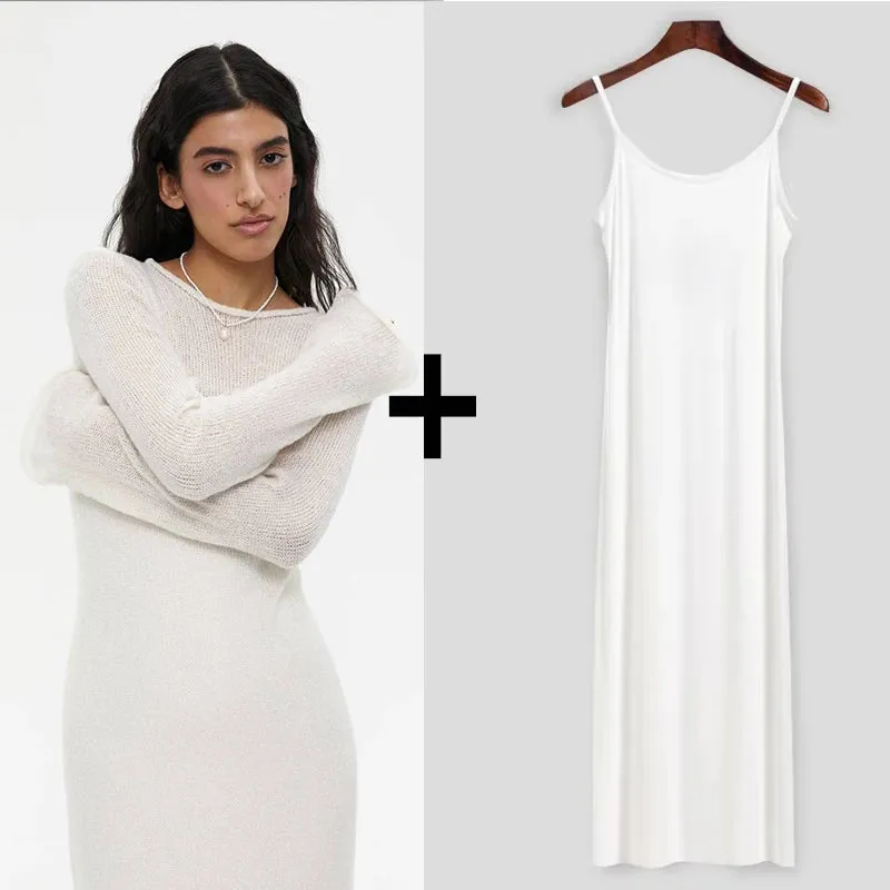 LVSANW Hirsionsan Spring Autumn O-Neck Elastic Knit Long Dresses Women 2024 Elegant Chic Soft Lady Hollowing Sweater Dresses Femme New