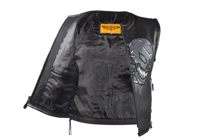 Mens Leather Vest With Skulls On Front & Back