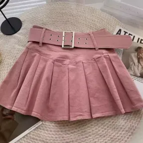 NEW Xpqbb Summer Women Pleated Skirt Korean Fashion Belt Mini Skirt Kawaii High Waist School Uniform A-line Short Skirts, Pink, Sz M
