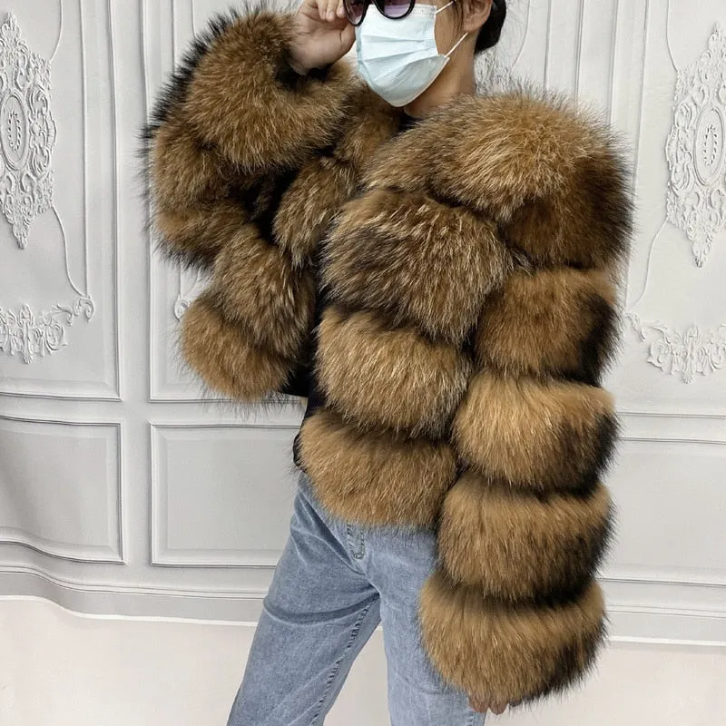 Real Natural Raccoon Jacket Women's Fashion Coats Real Fur Coat Round Neck Warm Thick Hoodie Detachable New Style