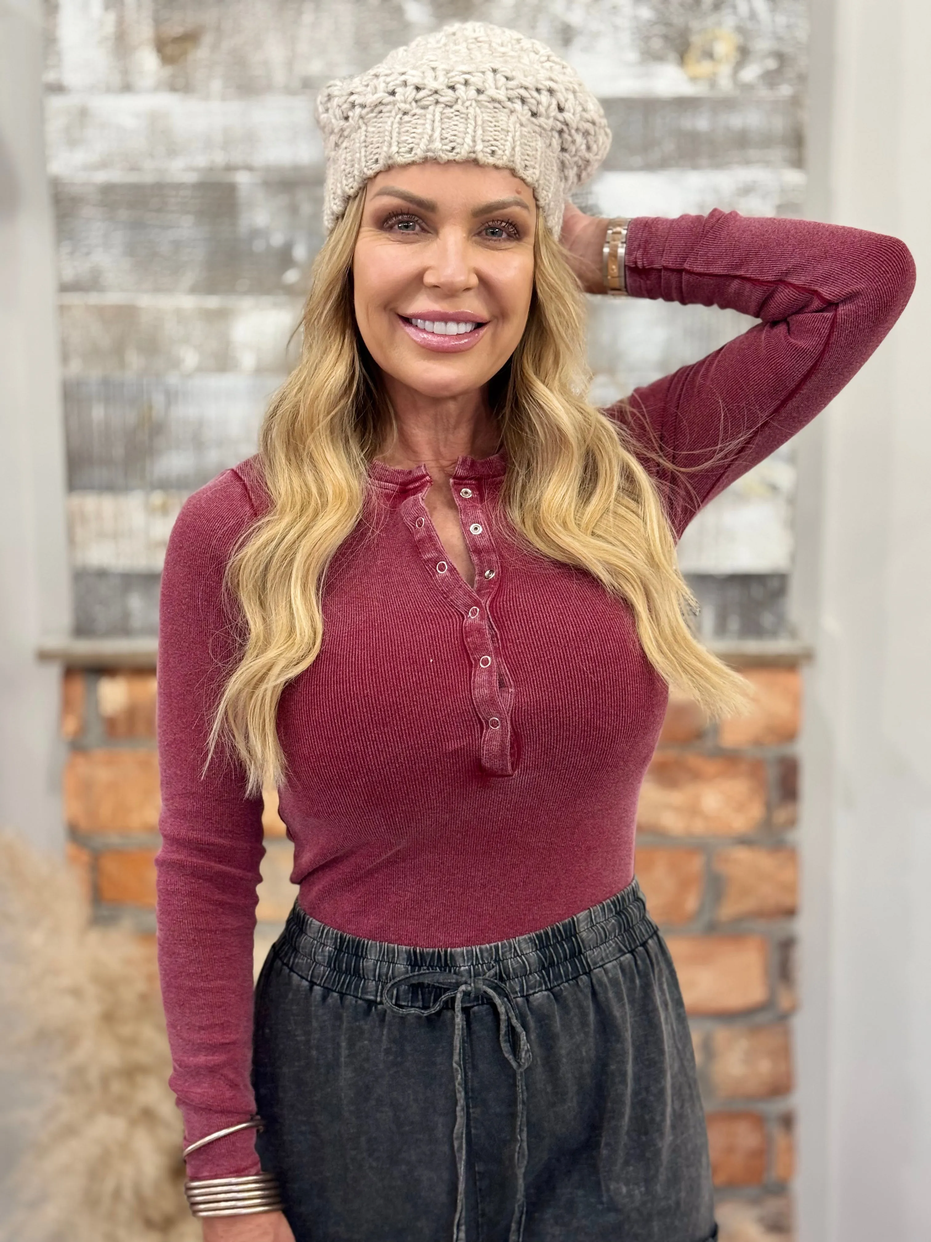 Washed Henley Bodysuit in Wine