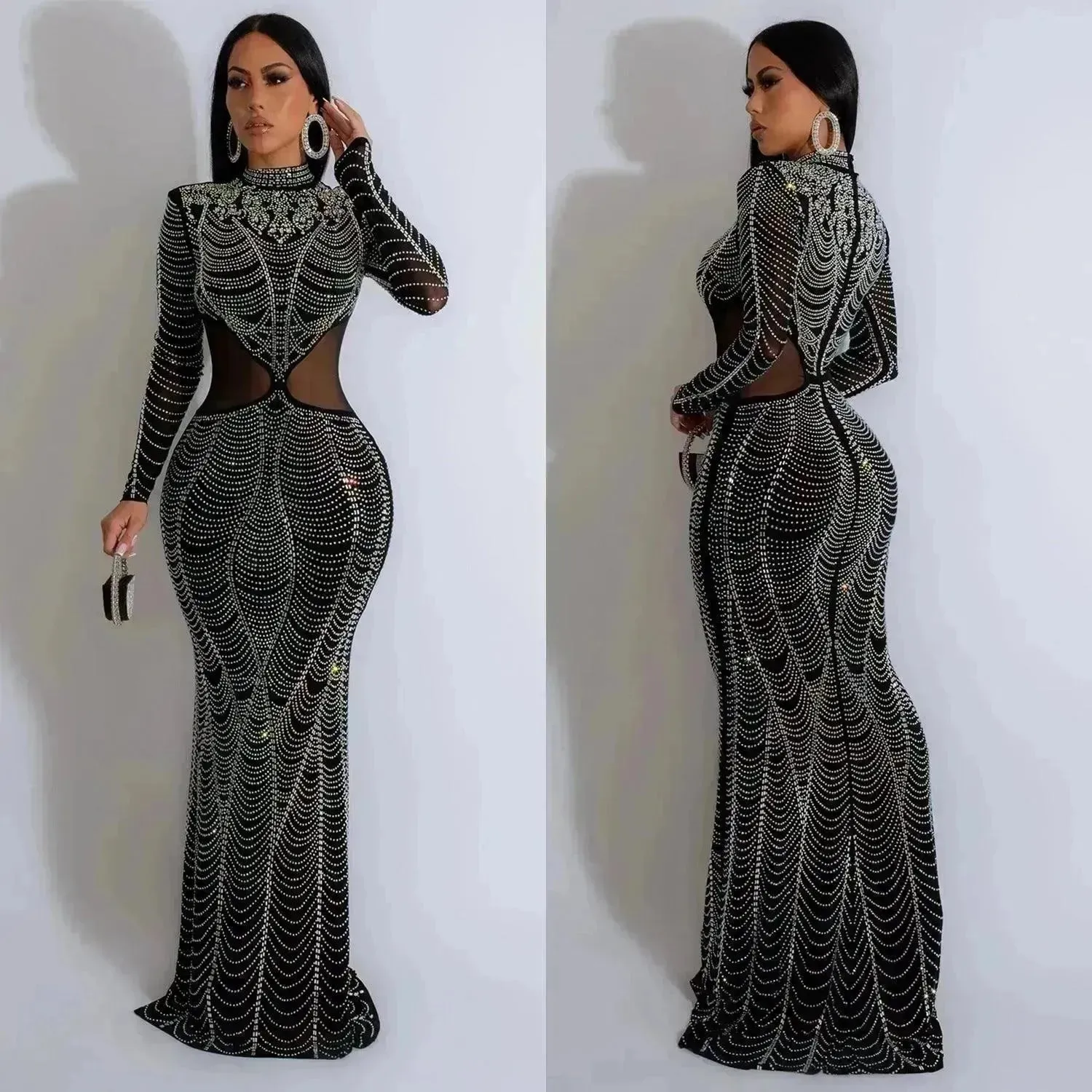 Women's Wear Pure Color Mesh Hot Drilling Dress